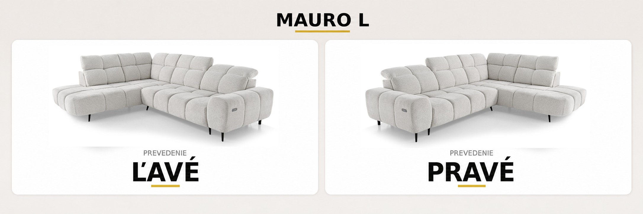 Porovnanie ľavého a pravého prevedenia rohovej sedacej súpravy MAURO L v béžovom prevedení na svetlom pozadí.